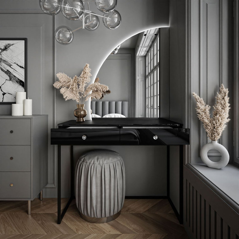 Brilen Dressing Table with Mirror, Black/High Gloss Black