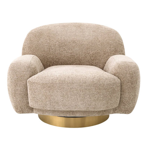 Beige swivel accent chair with rounded armrests on a gold base.