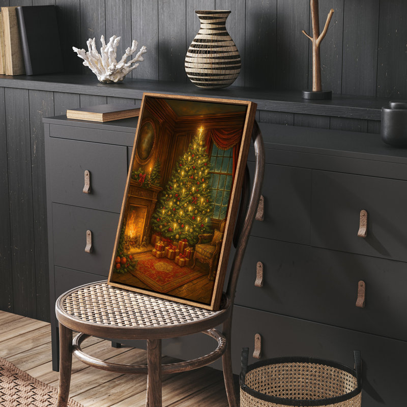 Décoration murale rétro de Noël encadrée avec cheminée et arbre, H 36 po x l 24 po, Naturel