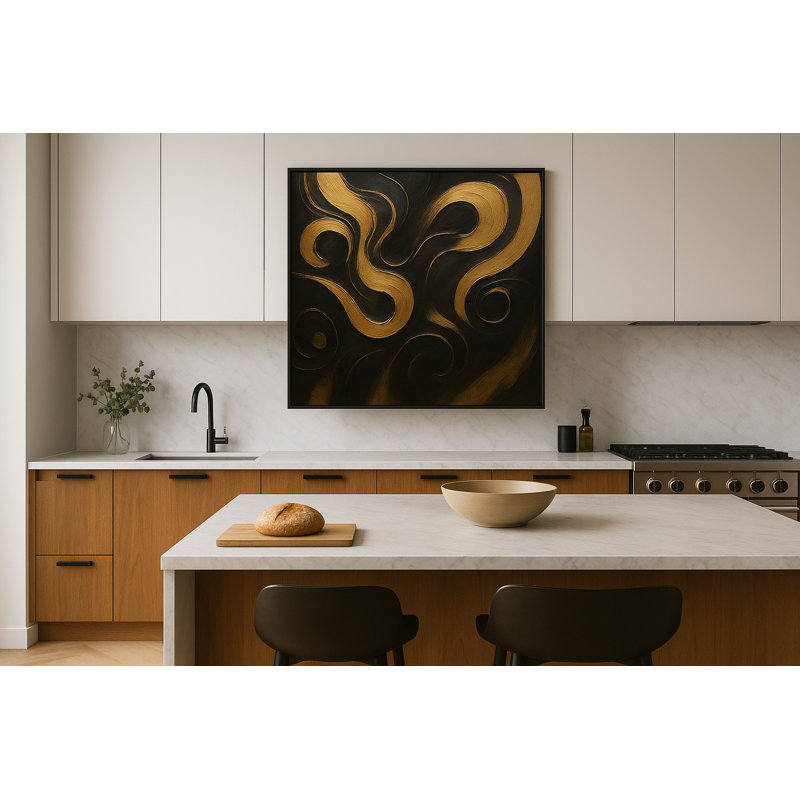 Gilded Currents Framed Canvas Wall Art by Kasian Art Studio - Black Frame
