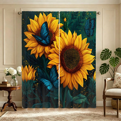 Rideaux 2 pièces tournesol et papillon bleu, tissu filtrant la lumière, motif floral artistique éclatant, protection de la vie privée pare-soleil, conception à passe-tringle, convenant au salon, à la chambre à coucher, au balcon et à la cuisine