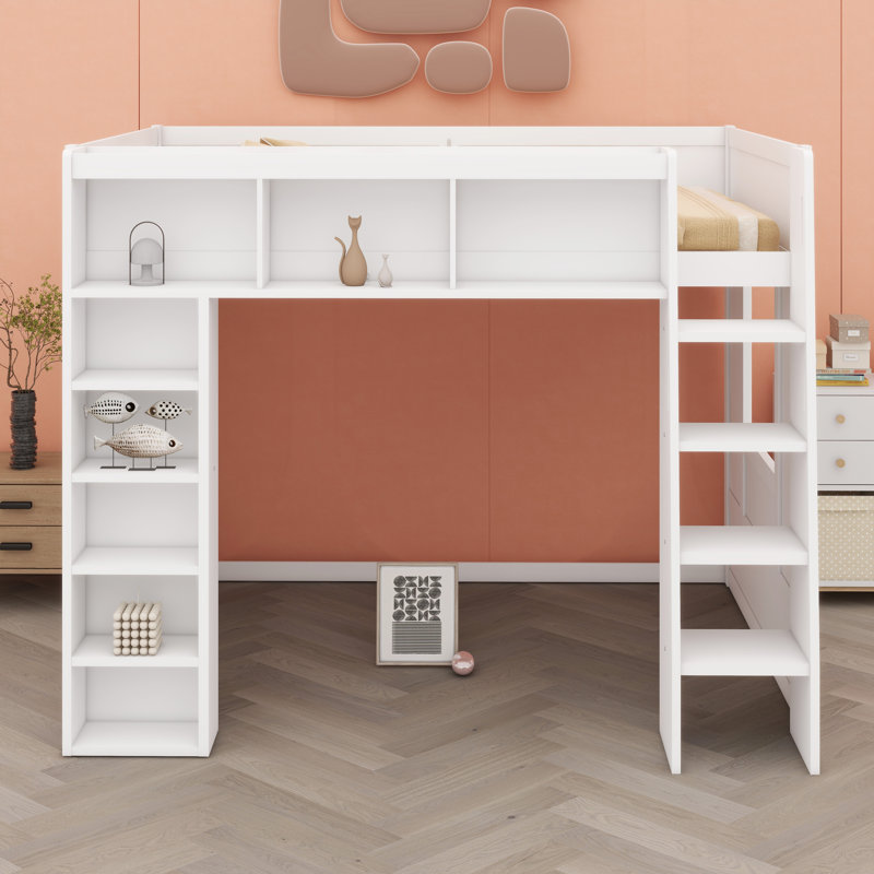 Lit mezzanine en bois avec armoires de rangement et tablettes, Blanc