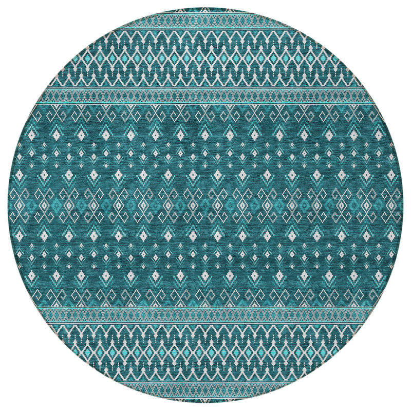 Tapis 8 pi bleu turquoise et ivoire rond lavable Tribal
