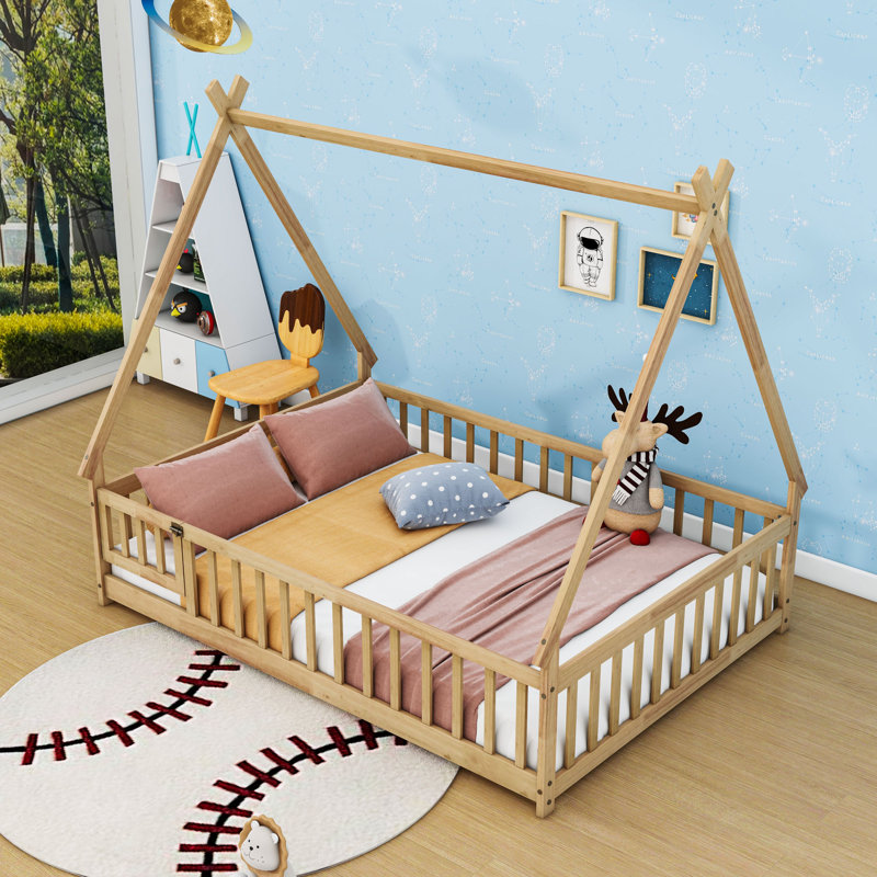Lit double avec cadre en bois et porte, Natural