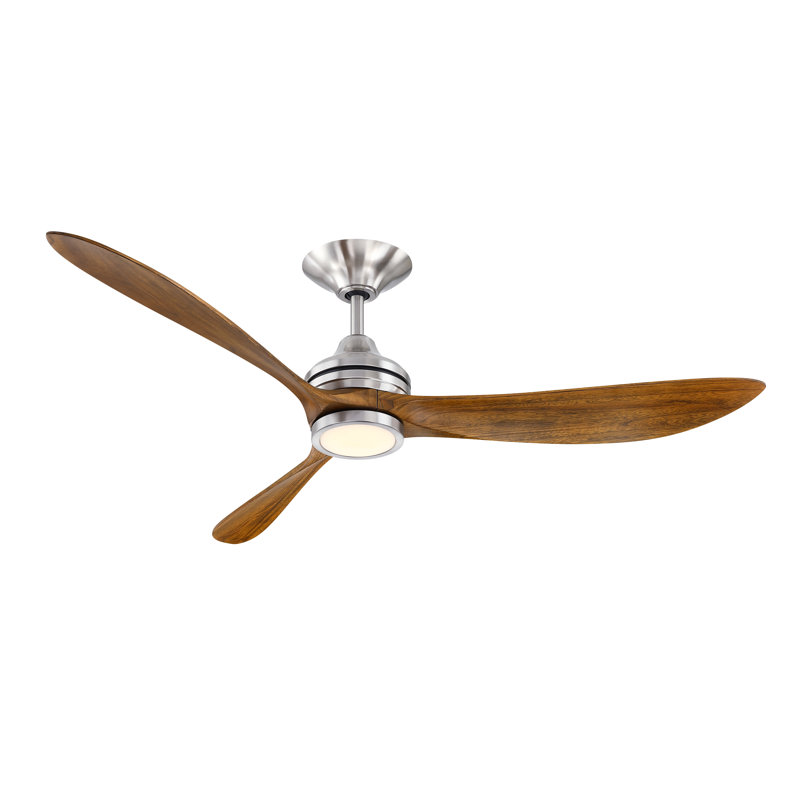 Aviara 60 inch Indoor/Outdoor Ceiling Fan with LED CCT Select Light Kit - Brushed Nickel with Koa blades, Dark Brown Wood