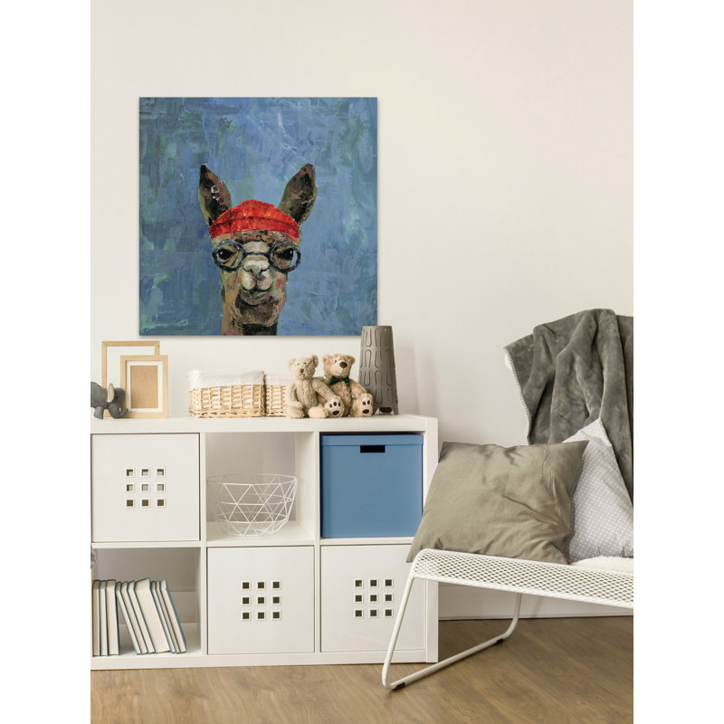 Hipster Llama II - Wrapped Canvas Print, 20cm H x 20cm W x 3.81cm D, Blue/Brown/Red