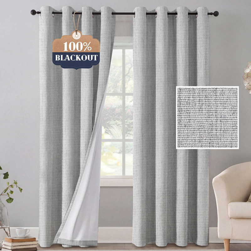 Chenille Linen Blackout Curtain 2 Panels Thermal Insulated Textured Soft Linen Look Curtains Anti-Rust Grommet Window Drapes