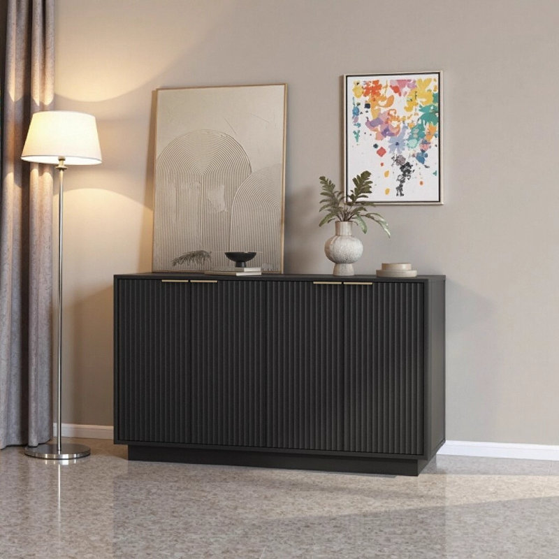 Buffet moderne cannelé noir avec tablettes réglables - grande crédence de rangement de 55,1 po pour la salle à manger, le salon et le vestibule