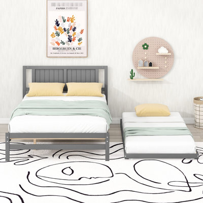 Lit plateforme double gris avec lit gigogne mobile - Bois de pin