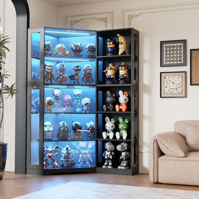 Corner Display Curio Cabinet With Glass Doors & Led Lighting, 75" Glass Display Case For Collectibles, Toys, Books, Extra Bookcase With 5 Shelves, Sto by Wrought Studio