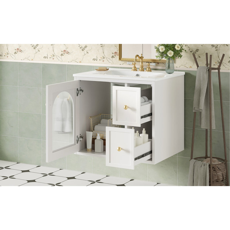 Ensemble de meuble-lavabo mural 24 po pour petit espace, armoire de salle de bain avec lavabo en céramique, 2 tiroirs et 1 porte à fermeture en douceur