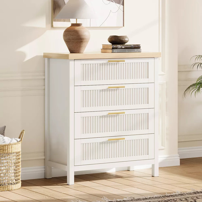 Commode 4 tiroirs cannelés pour chambre à coucher, commode haute de 35,4 po pour garde-robe, 4 tiroirs cannelés avec poignée en métal, grande armoire de rangement pour vêtements pour chambre à coucher, chambre de bébé, salon