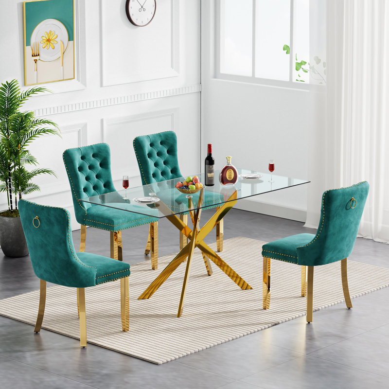 51" Glass Dining Table Set for 4, Modern Dining Room Table Set for 4, X-Shape Pedestal Glass Table with 4pcs Dining Chairs, 5 Piece Dining Set for Dining Living Room
