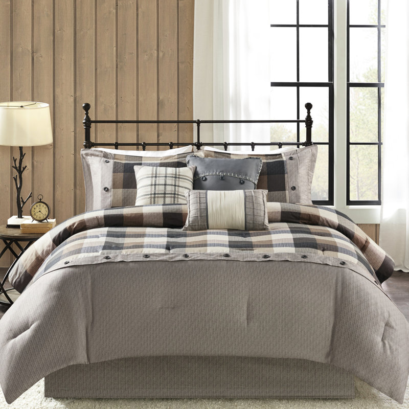 Édredon très grand à chevrons 7 pièces, couleur neutre, motif écossais Buffalo, rembourrage, comprend édredon, taies décoratives, coussins décoratifs, jupe de lit, lavable à la machine pour 7 personnes, rembourré,