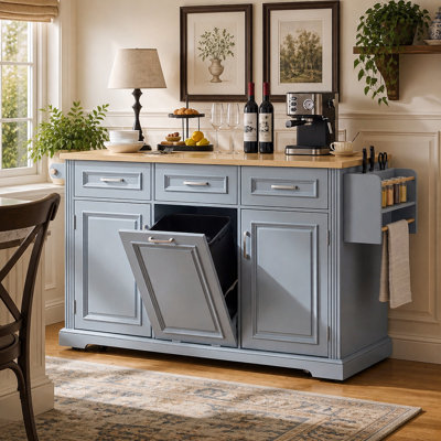 64.6" Large Kitchen Island with Trash Can Storage, Embossed Texture Rolling Kitchen Cart on 4 Wheels with 2 Doors 3 Drawers, Island Table with Drop
