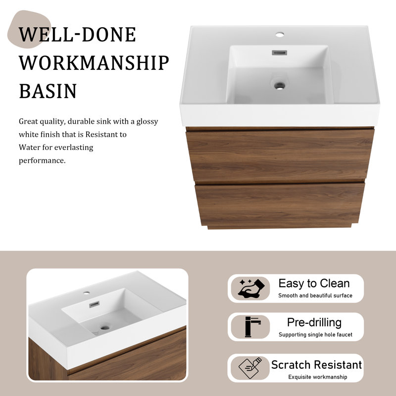 Ensemble de meuble-lavabo simple 30 po avec plateau en résine Ayhm, Brun