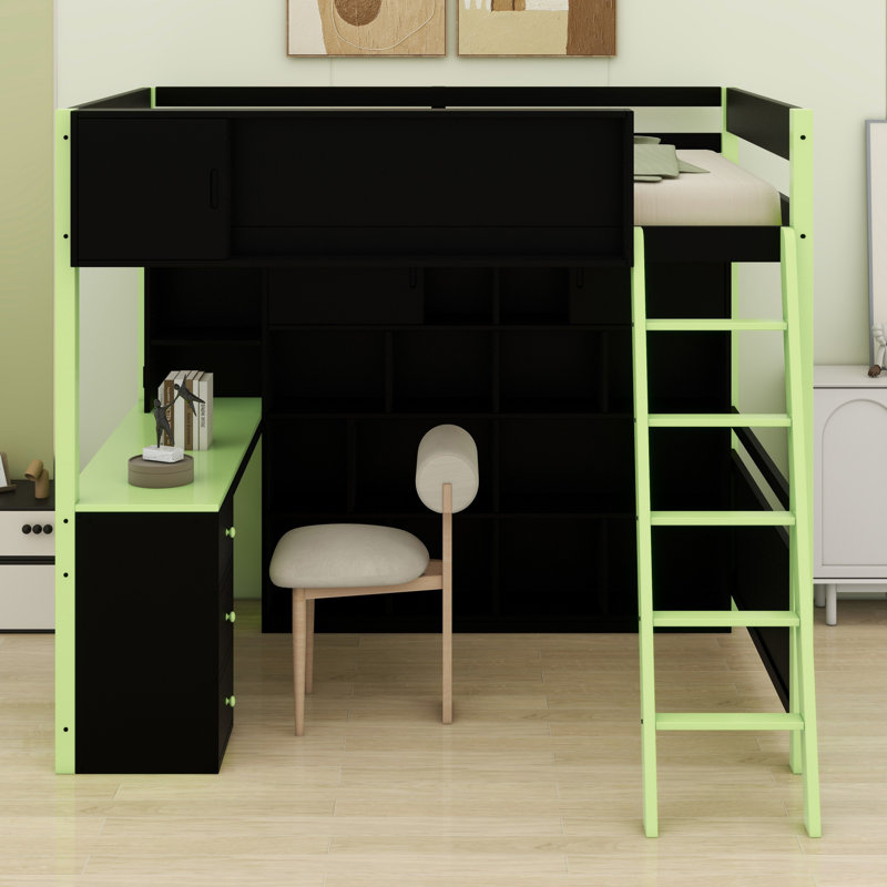 Wood Loft Bed With Desk, Ample Storage Space And Light, Green