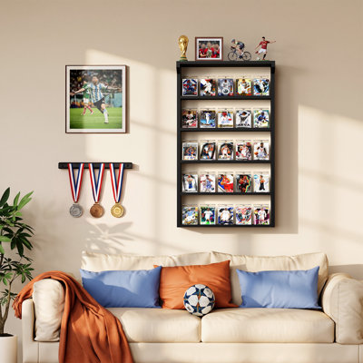Présentoir à cartes à collectionner, tablette en bois à 5 niveaux pour cartes de sport, cartes graduées, cartes de jeu et objets de collection, protégées par un étui rigide.