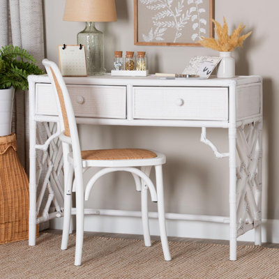Baxton Studio Lindie Natural Rattan Writing Desk with Two Drawers, White