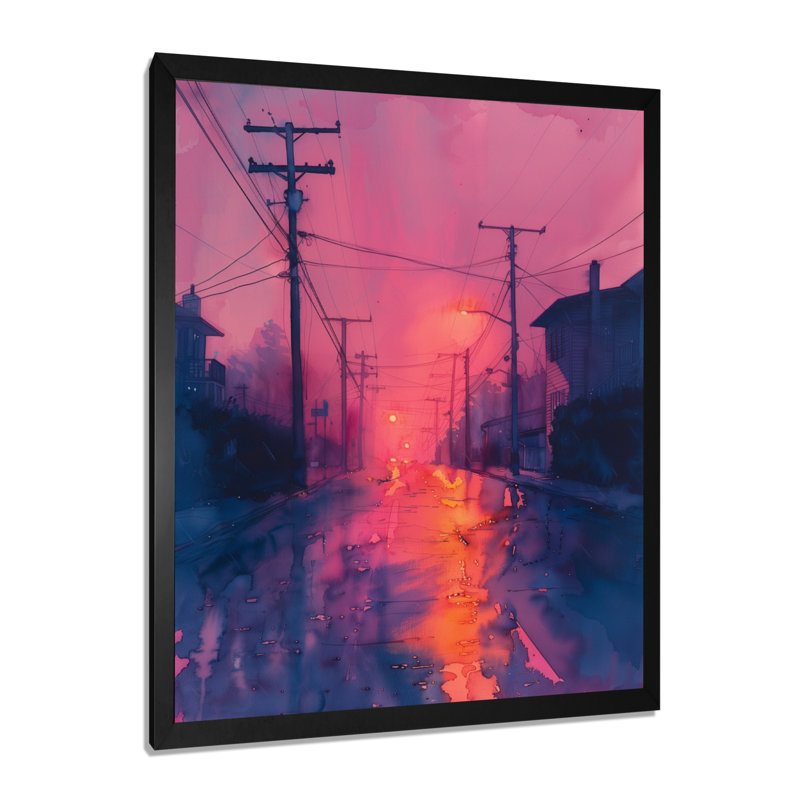 Rose orange électrique Aura Power Lines - art mural lignes électriques, Cadre simple noir, H 30 po x l 40 po