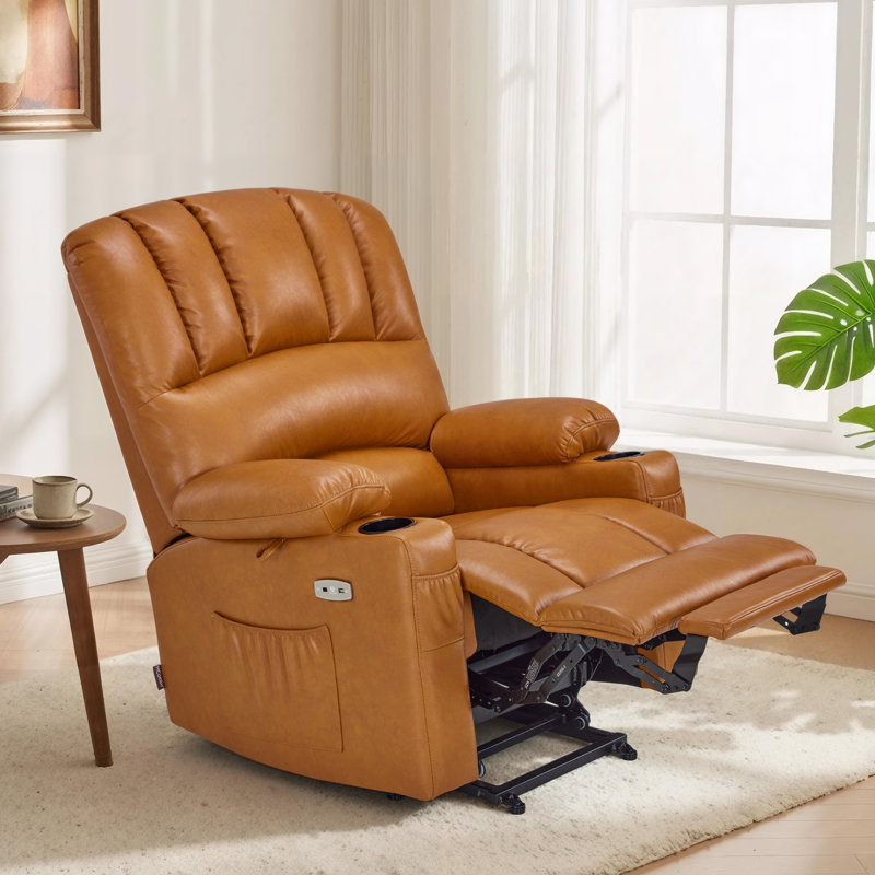 Power Recliner Lift Chair with Heat and Vibration Massage, Faux Leather, Tawny