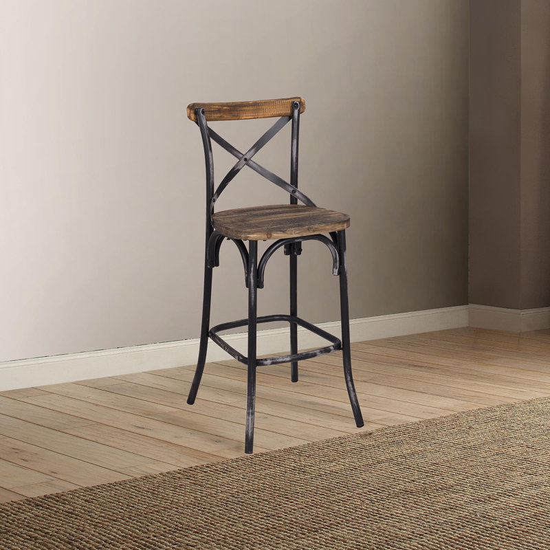 Tabouret de bar noir et chêne antique à dossier croisé, Brun / Noir