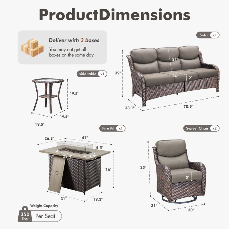 5 - Person Handwoven Wicker Patio Conversation Fire Pit Set With 5" Olefin Cushions Swivel Glider Chairs & Side Table, Brown