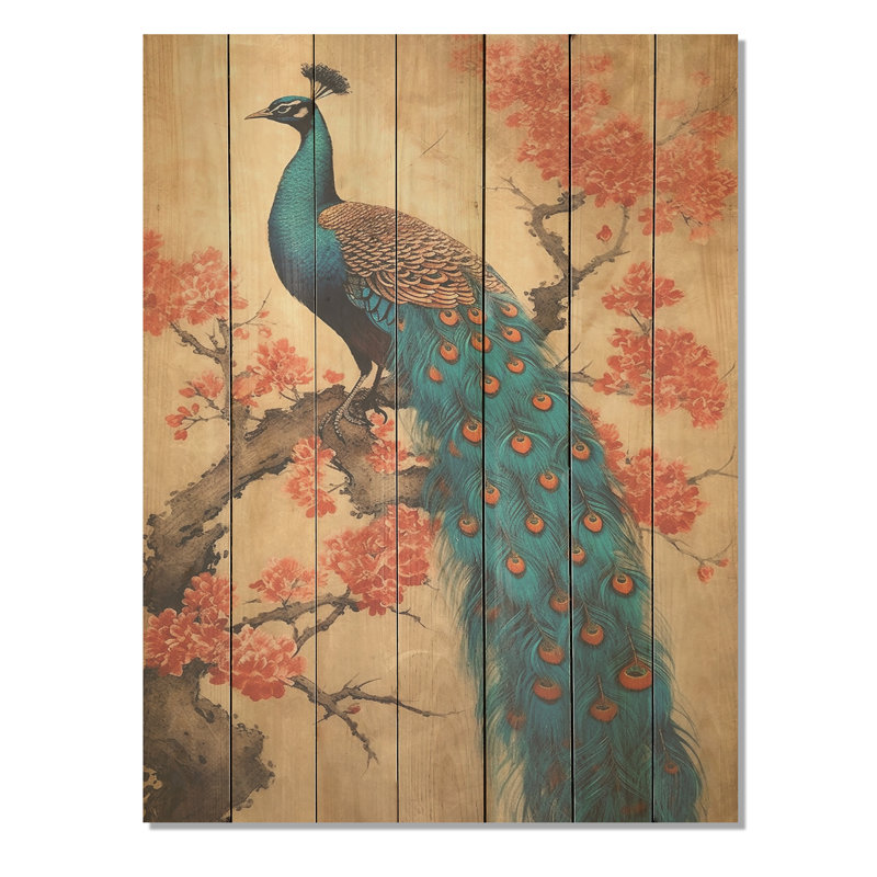 Paon floral japonais bleu royal I - paon sur bois, H 20 po x l 10 po