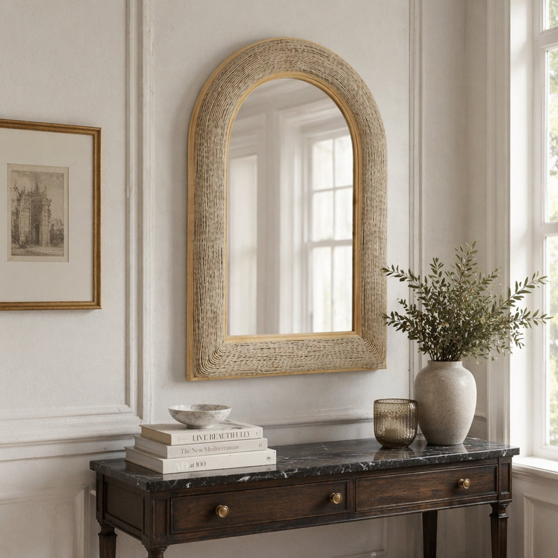 Miroir arqué texturé 24,2 x 36 pouces, parfait pour ajouter un charme côtier et un intérêt architectural à votre maison.