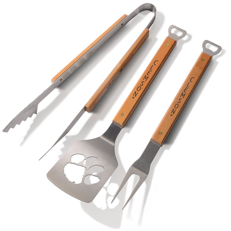 Clemson Tigers Stainless Steel BBQ Tool Set with Maple Handles