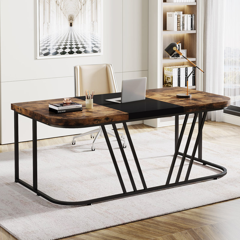 Metal Base Executive Desk, Black, Brown/Black