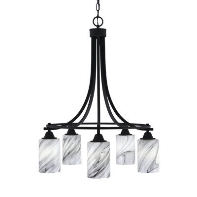 Paramount 5 Light Downlight Chandelier Shown In Matte Black Finish With 4" Onyx Swirl Glass