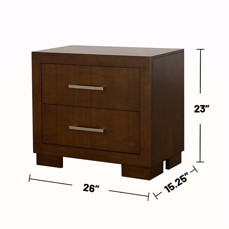 Table de chevet profonde avec deux tiroirs en cappuccino profond - Comprend un panneau de particules en feutre doublé de poignées argentées dans la finition 2 fabriquée, doublée, ornement de poignée