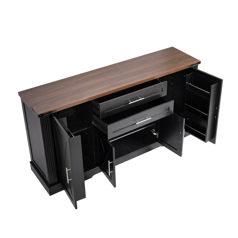 Armoire de 63 po avec 2 tiroirs, support de porte, tablettes réglables pour la salle à manger, meuble télé, glissières de tiroir lisses, 4 portes à grange noire, cuisine, café, buffet, coffre-fort et stable