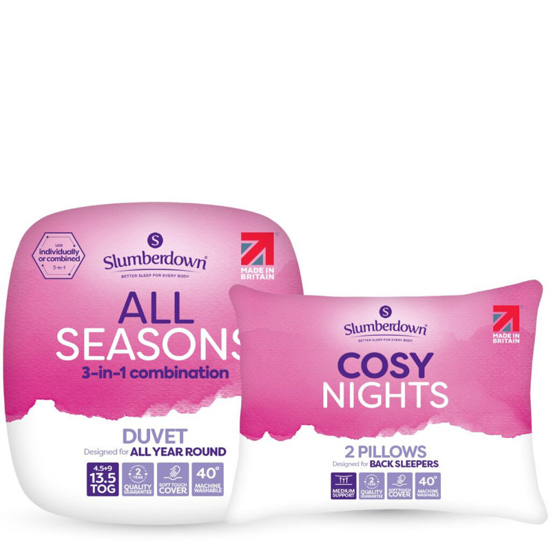 Slumberdown Cosy Nights 2 Medium Pillows, 13.5 Tog All Seasons Duvet, Double