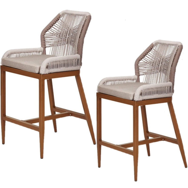 Gray and Brown Rope Woven Outdoor Bar Stools with Cushions