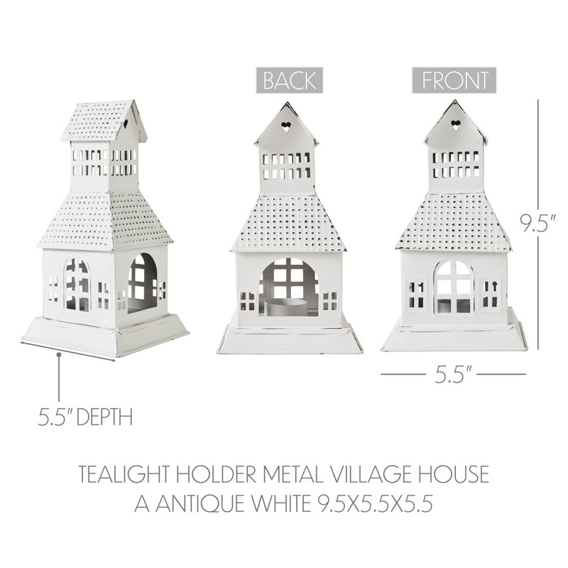Festive Finds Tealight Holder Metal Village House A 9.5x5.5x5.5, Antique White