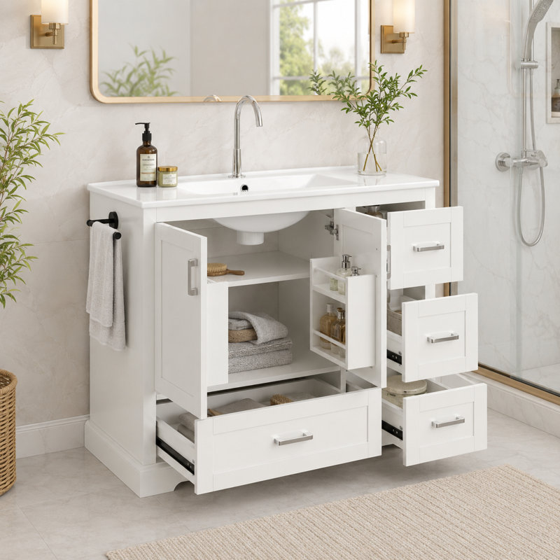 Meuble-lavabo 4 tiroirs avec porte-serviettes Heywood, Blanc