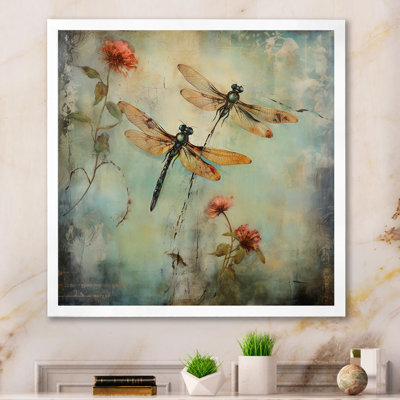 Vintage Painting Of Dragonfly Flying - Dragonfly Wall Art