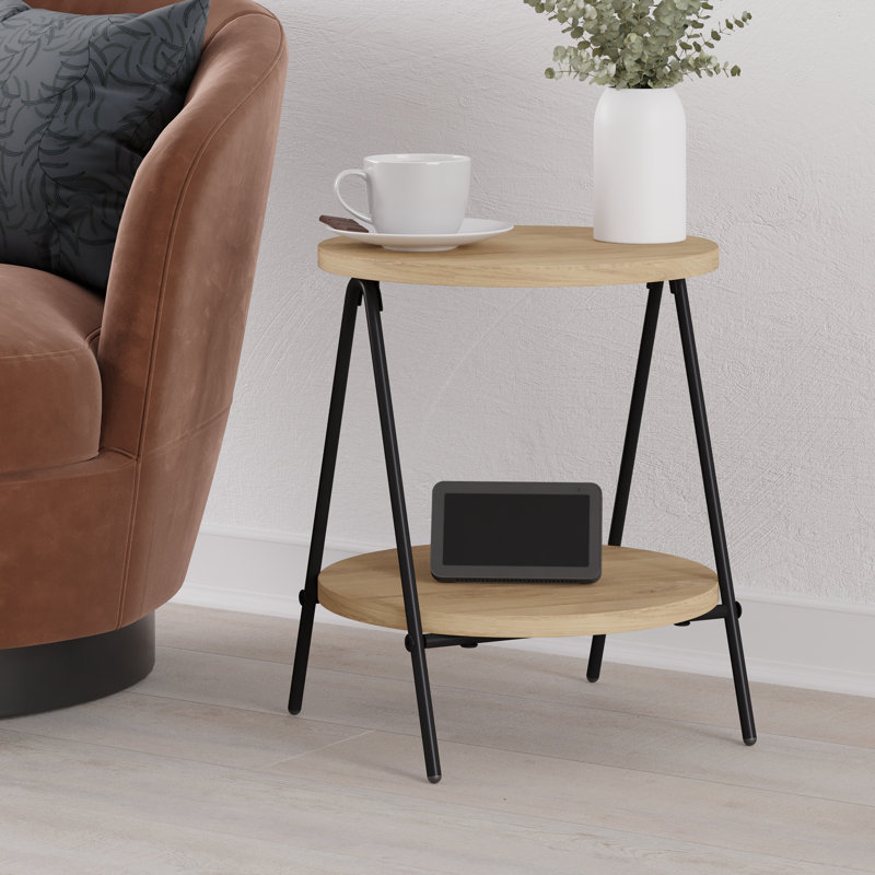 Ritzman Compact Side Table Round Top with Metal Legs, Oak