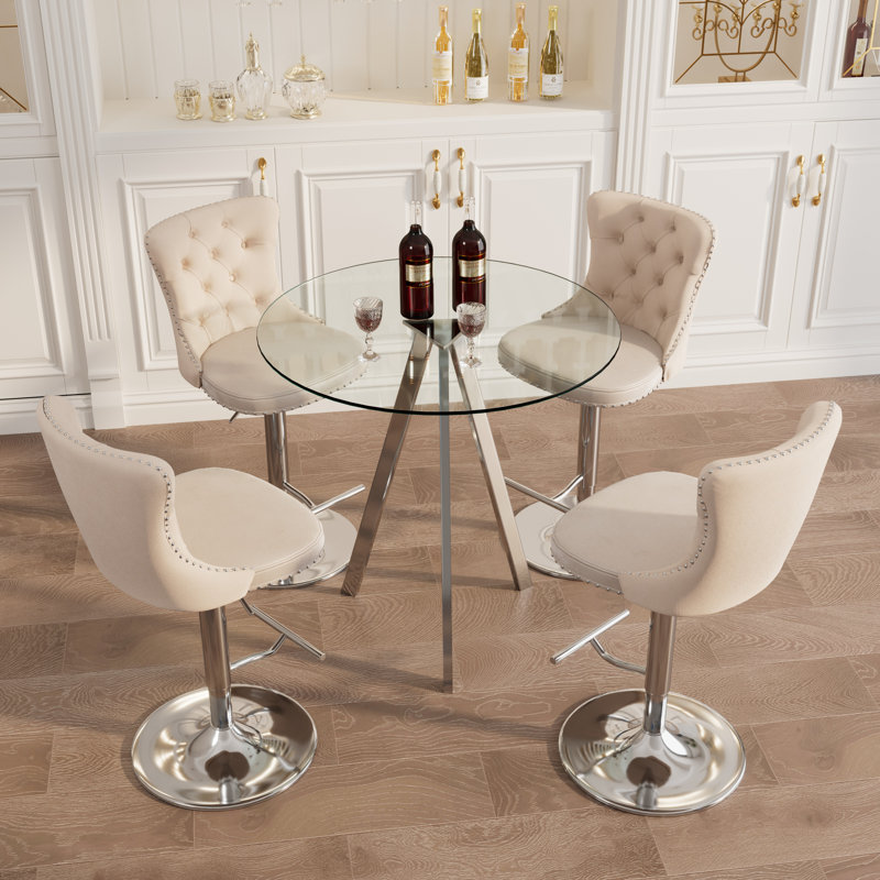 Bar Height Set, Tempered Glass Round Dining Table and Velvet Adjustable Dining Chairs., Beige, 5