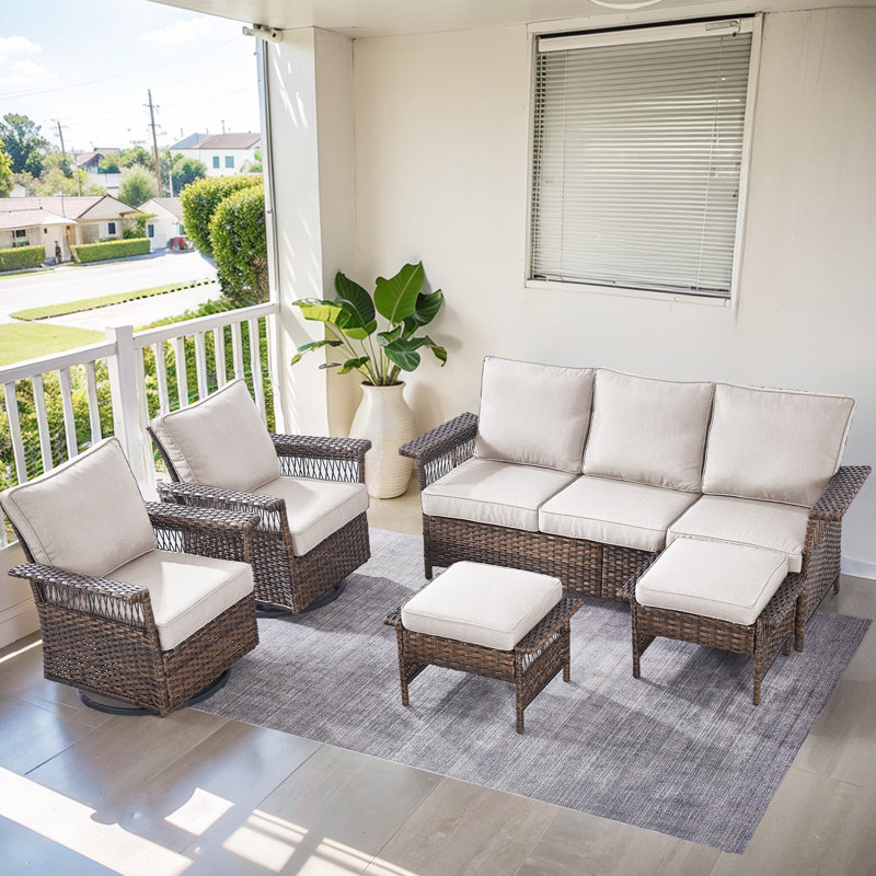Ensemble de conversation avec canapé en rotin 5 pièces avec coussins, Beige