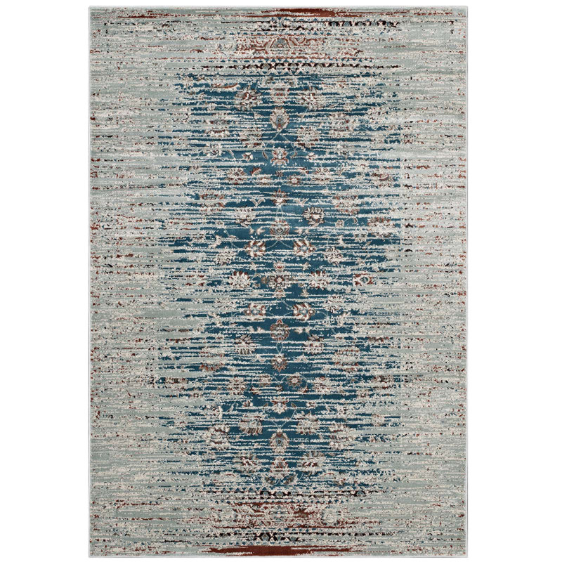 Modway Hesper Distressed Contemporary Floral Lattice Area Rug in Teal, Beige and Brown, Rectangle 5' x 8'