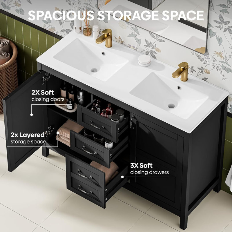 48" Farmhouse Double Sink Bathroom Vanity With 3 Drawers & Doors, Black