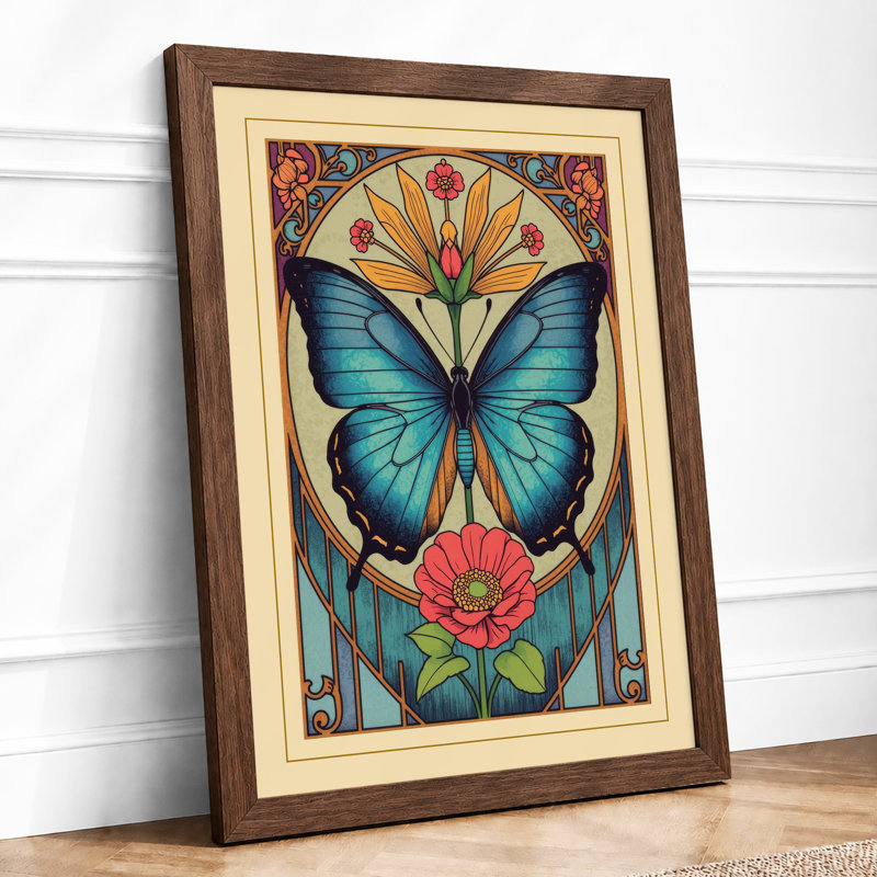 Butterfly in Ornament Art Deco - Framed Print, A3 - 42.0 x 29.7 cm, Walnut