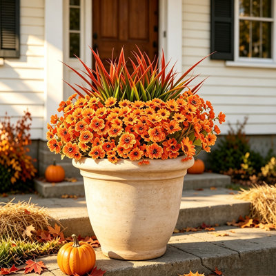 12 Bundles UV Resistant Artificial Fall Mums Outdoor Flowers, Faux Orange Chrysanthemum Autumn Daisy Bushes, Fake Floral Plants for Front Porch, Window Box, Patio Planter & Garden Decor