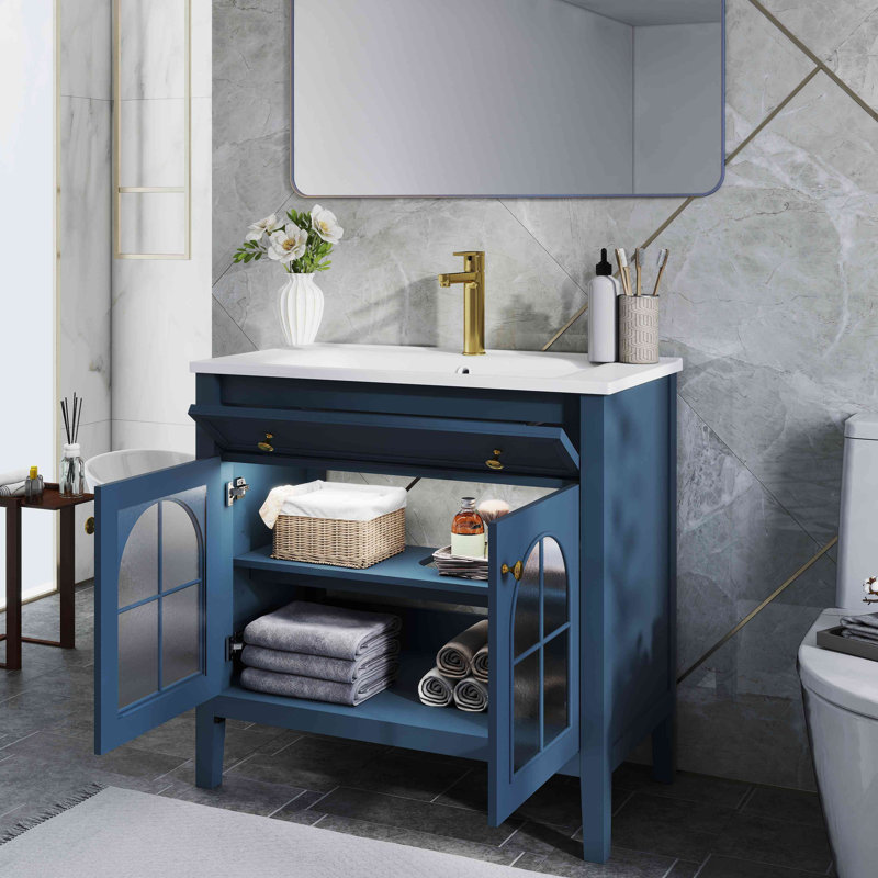 Meuble-lavabo de salle de bain 35,6 po Mid-Century avec verre à motif et bande lumineuse à capteur de mouvement, meuble-lavabo sur pied Farmhouse