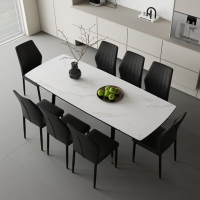 Ensemble de table de salle à manger en pierre frittée extensible de 55 à 79 po avec chaises rembourrées en similicuir 8