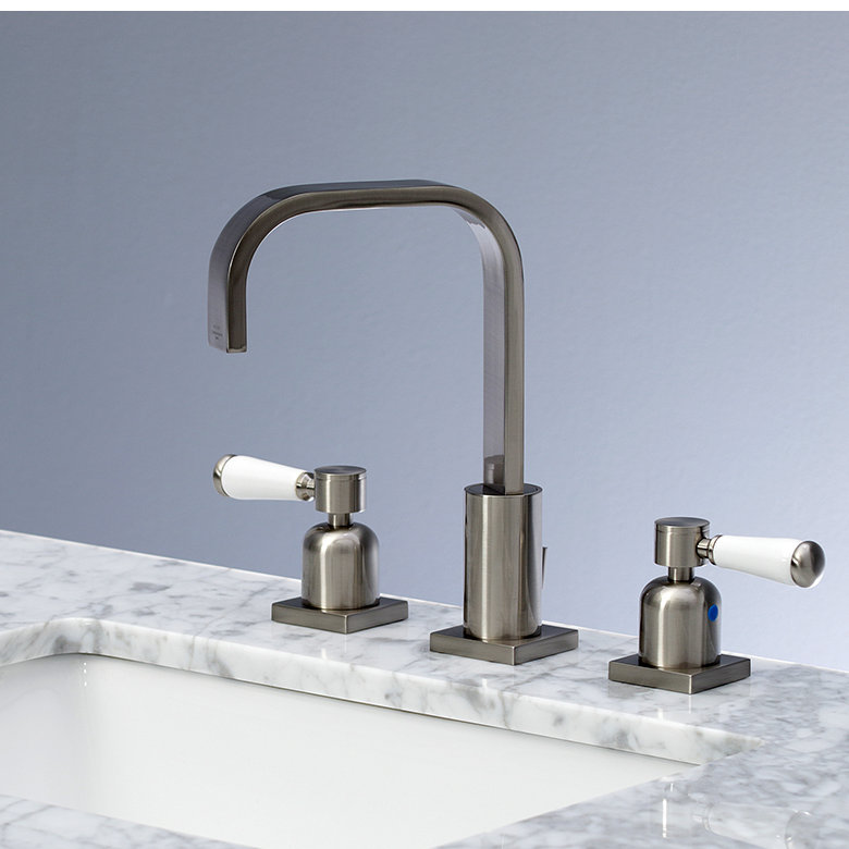 Kingston Brass Paris Two-Handle 3-Hole Deck Mount Widespread Bathroom Faucet with Retail Pop-Up Drain, Brushed Nickel