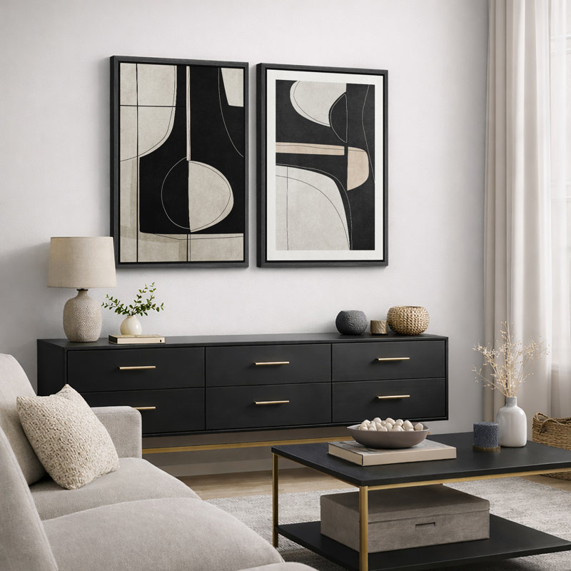 Mid Century Shape "Black Green Abstract Shape Artwork, Classy Minimal Contemporary Neutral Wall Pictures, Framed Canvas Giclée Print 2 Pieces Wall Art" 16x24x2 pcs, 24x36x2 pcs